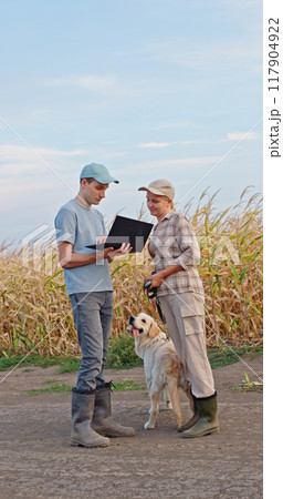 Two farmers using a laptop in a cornfield, with a Golden Retriever standing beside them. 117904922