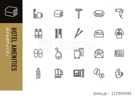 ホテルアメニティのシンプルなラインアイコンセット ホテルアメニティのシンプルなラインアイコンセット 117905095