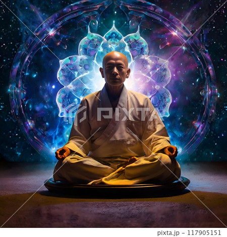 宇宙瞑想 神秘的な光の中の禅の僧侶 117905151