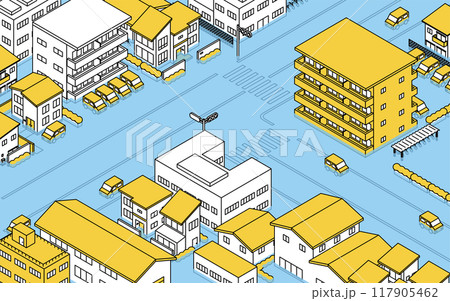 台風や大雨洪水で浸水している街並み、アイソメトリックイラスト 117905462
