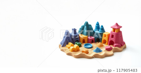 A set of plastic children's toys for playing outdoors, in the sand, on a white background. Copy space. 117905483