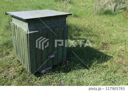 A bee hive on green grass. 117905763
