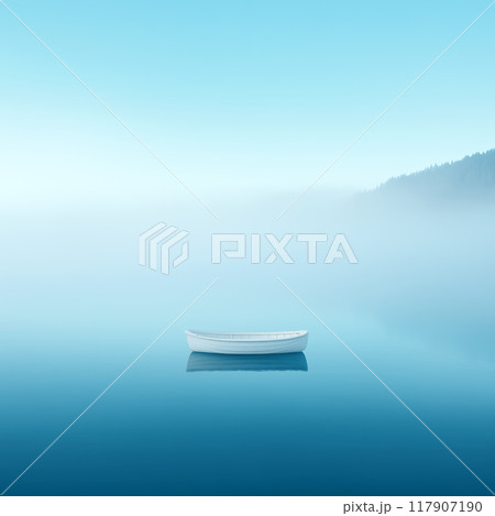 A solitary boat floats on calm water in the morning mist 117907190