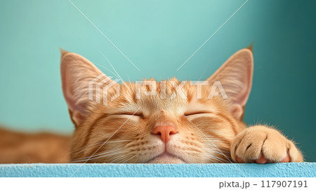 Orange tabby cat sleeping peacefully on blue background 117907191