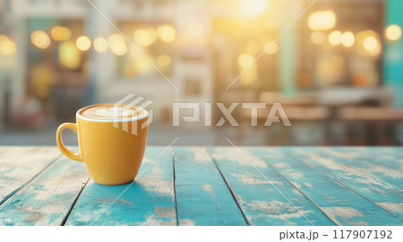 Coffee cup on table at outdoor cafe during sunset Coffee cup on table at outdoor cafe during sunset 117907192