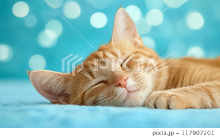 Orange tabby cat sleeping peacefully on a blue...のイラスト素材 [117907201 ...