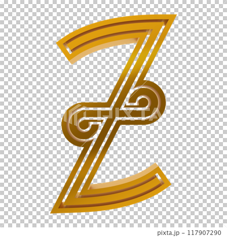 3D rendered illustration. Golden vintage letter. Custom art font. 3D rendered illustration. Golden vintage letter. Custom art font. 117907290