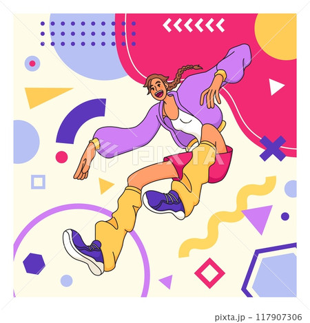 Creative geometric card. Cartoon young character. Happy girl portrait. Excited man flying. Abstract shapes. Free flight. Flat figures or color spots. Floating pose. Joyful person. Vector banner design 117907306