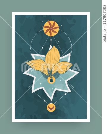Boho poster. Magic figures. Astrology stars. Esoteric geometry. Flat triangle and circle collage. Spiritual galaxy. Moon pentagram. Abstract frame. Occult leaves. Bohemian design. Vector tarot card Boho poster. Magic figures. Astrology stars. Esoteric geometry. Flat triangle and circle collage. Spiritual galaxy. Moon pentagram. Abstract frame. Occult leaves. Bohemian design. Vector tarot card 117907308