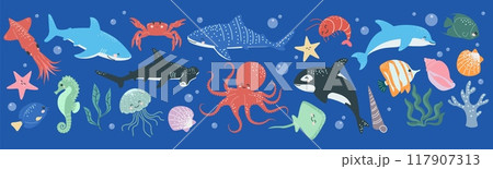 Animal ocean. Sea cartoon characters, baby pattern, cute life marine. Whale, dolphin, different fish, sea horse. Icon water, kids underwater decorative collection. Funny undersea fauna. Vector set Animal ocean. Sea cartoon characters, baby pattern, cute life marine. Whale, dolphin, different fish, sea horse. Icon water, kids underwater decorative collection. Funny undersea fauna. Vector set 117907313