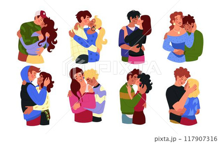 Kiss couple. Sex love, lips male and female characters. Man and woman relationships. Young lovers erotic. Hot romantic, foreplay intimate. Hug arousal, sexy character. Vector tidy cartoon isolated set Kiss couple. Sex love, lips male and female characters. Man and woman relationships. Young lovers erotic. Hot romantic, foreplay intimate. Hug arousal, sexy character. Vector tidy cartoon isolated set 117907316