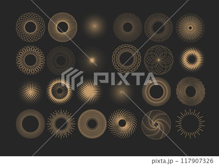 Pattern Art Deco. Line circles. Round ornament. Logo design. Abstract geometric frame. Gold concentric sign. Decor background. Sun illusion. Dotted halftone. Modern geometry elements. Vector icons set Pattern Art Deco. Line circles. Round ornament. Logo design. Abstract geometric frame. Gold concentric sign. Decor background. Sun illusion. Dotted halftone. Modern geometry elements. Vector icons set 117907326