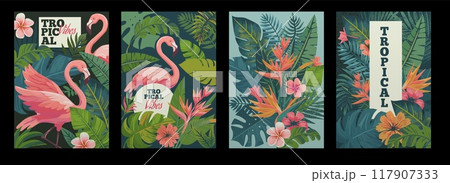Watercolor summer flamingo. Tropical vibe. Palm leaves. Exotic flowers pattern. Abstract border. Pink birds. Natural brush greenery. Jungle foliage. Tourism banners set. Vector botanical backgrounds 117907333