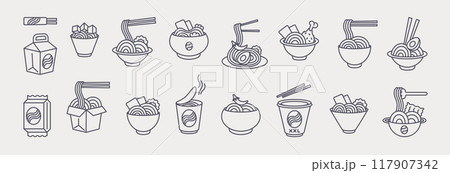 Noodle icons. Japanese food. Asian ramen. Chinese chopsticks. Pasta cooking. Soup dish pictogram. Instant spaghetti preparing symbol. Line wok box. Udon bowl. Japan dinner. Vector kitchen logo set 117907342