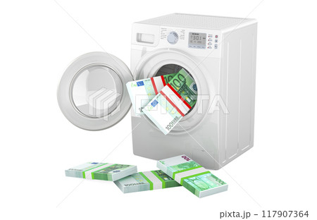Washing machine with euro packs. Money laundering, concept. 3D rendering Washing machine with euro packs. Money laundering, concept. 3D rendering 117907364