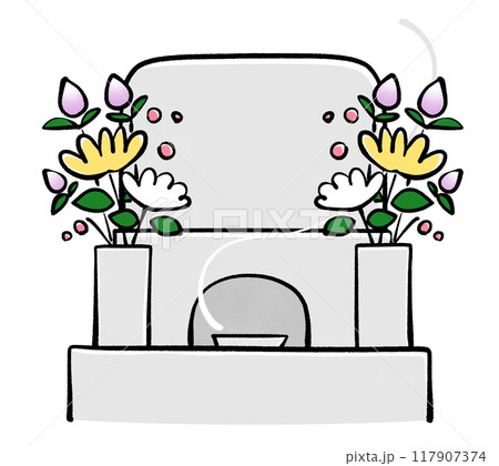 洋型　花と線香をお供えした綺麗な洋風のお墓のイラスト 117907374