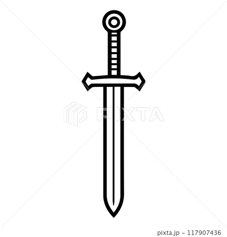 Sword icon or modern line symbol. Vector line art and icon design with bold outline. Black and white Pixel Perfect minimalistic symbol isolated white background. Silhouette simple thin sign 117907436
