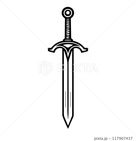 Sword icon or modern line symbol. Vector line art and icon design with bold outline. Black and white Pixel Perfect minimalistic symbol isolated white background. Silhouette simple thin sign Sword icon or modern line symbol. Vector line art and icon design with bold outline. Black and white Pixel Perfect minimalistic symbol isolated white background. Silhouette simple thin sign 117907437