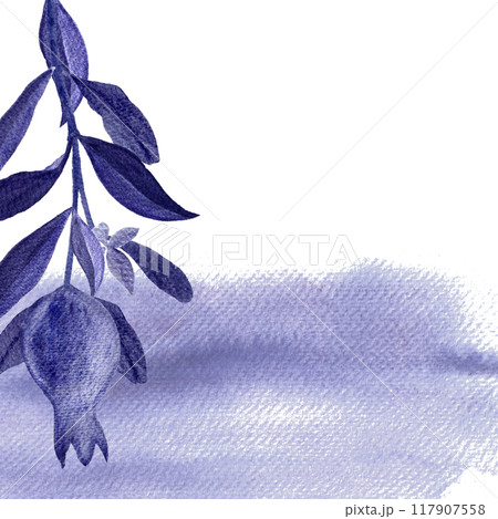 Monochrome card with pomegranate branch on watercolor background isolated on white. Hand painted watercolor in shades of Future dusk pantone color ideal for banners, posters, food blogs, print 117907558