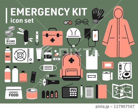 防災用品のシンプルなアイコンセット 117907587