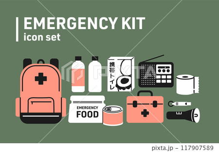 防災用品のシンプルなアイコンセット 117907589