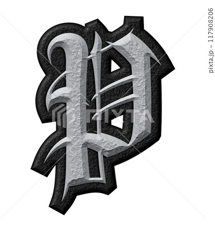 3D rendered illustration. Grungy gothic letter. Art blackletter font. 117908206