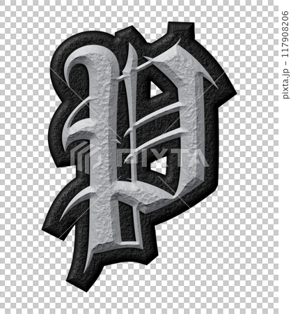 3D rendered illustration. Grungy gothic letter. Art blackletter font. 117908206