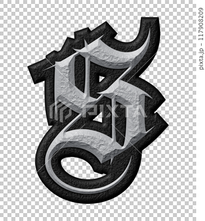 3D rendered illustration. Grungy gothic letter. Art blackletter font. 117908209
