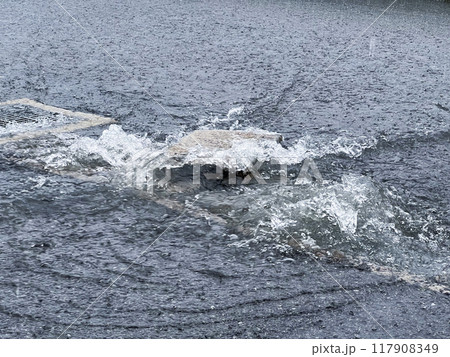 大雨で側溝から溢れる雨水 117908349