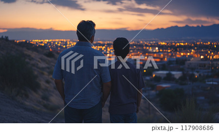 A man and a boy are standing on a hill overlooking a city at sunset 117908686