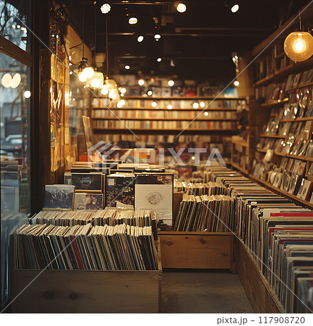 A store with many books on shelves 117908720