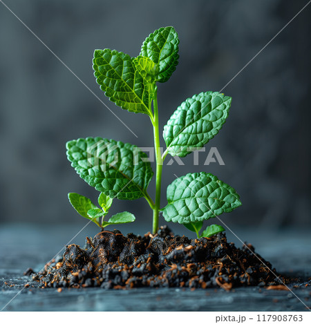 A small green plant is growing in the dirt 117908763