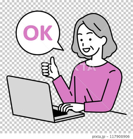 OKサインをするノートパソコンで仕事をしている年配の女性 OKサインをするノートパソコンで仕事をしている年配の女性 117908906