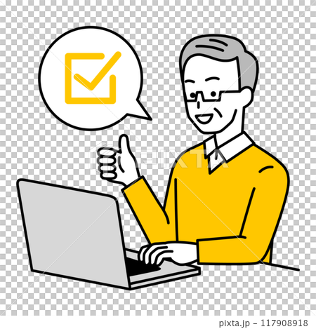 An older man working on a laptop signaling completion 117908918