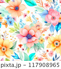 Pastel watercolor flowers with stems and leaves. Watercolor art background. 117908965