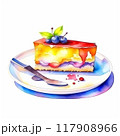 Piece of chocolate cake with cream and berries, birthday tasty bake. Watercolor illustration. 117908966