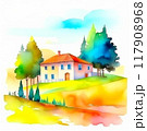 Rural italian landscape. Olive plantation with old olive trees in Italy watercolor illustration. Summer landscape. 117908968