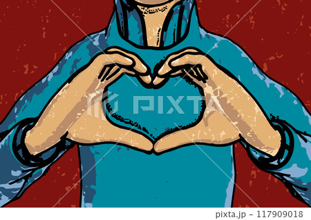 boy forming a heart with his hands close up drawing illustration boy forming a heart with his hands close up drawing illustration 117909018