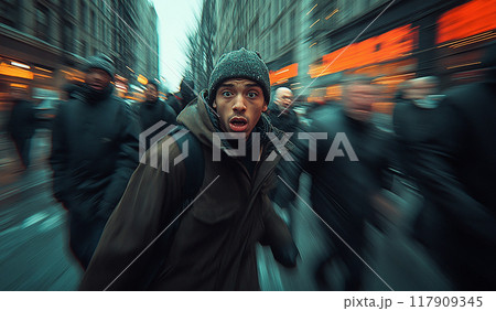 A man is running in a crowd of people 117909345