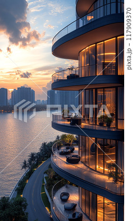 A tall building with a balcony overlooking a body of water 117909370