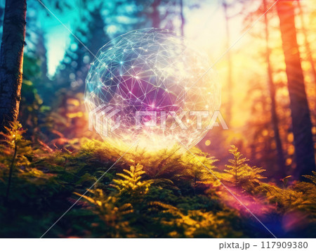 Abstract network background in a wild forest. Futuristic technologies. Abstract network background in a wild forest. Futuristic technologies. 117909380