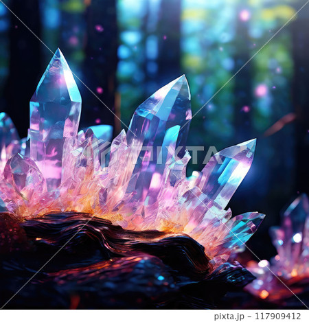 Luminous beautiful magic crystals in a dark forest. Luminous beautiful magic crystals in a dark forest. 117909412