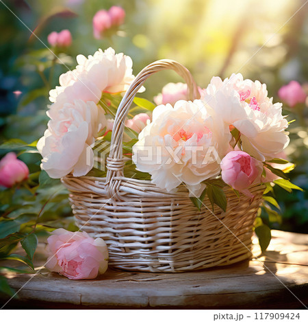 Beautiful flowers in the wicker basket in summer garden. Beautiful flowers in the wicker basket in summer garden. 117909424