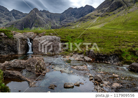 Valley Glen Brittle With River Brittle And Waterfalls With Fairy Pools On The Isle Of Skye In Scotland, UK Valley Glen Brittle With River Brittle And Waterfalls With Fairy Pools On The Isle Of Skye In Scotland, UK 117909556