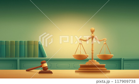 Judge's table with scales and judge's gavel and a shelf with books in the background. Copy space. 117909738
