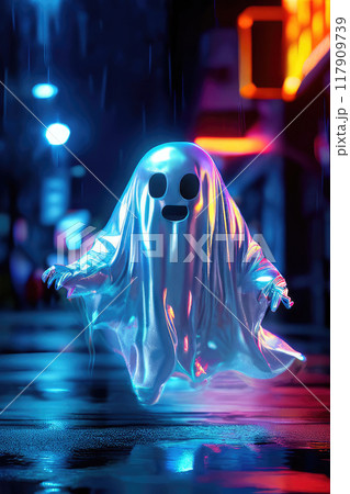 Iridescent Halloween background with holographic ghost. 117909739