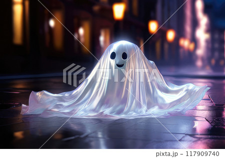 Iridescent Halloween background with holographic ghost. 117909740