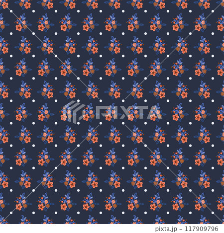 Seamless pattern with blooming flowers and polka dots. Vector 117909796