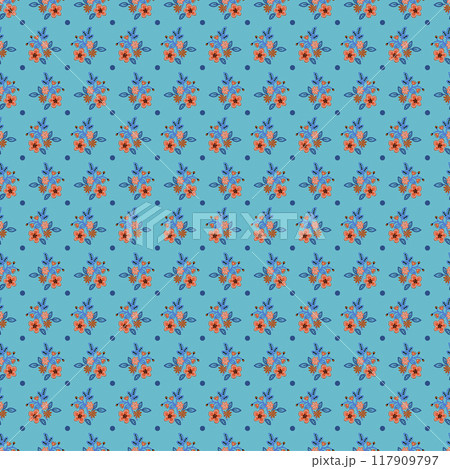 Seamless pattern with blooming flowers and polka dots. Vector 117909797