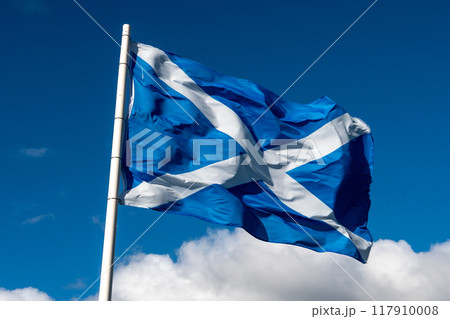 Flag Of Scotland (Saltire or St. Andrew`s Cross) Flutters In The Wind In Front of Blue Sky And Clouds Flag Of Scotland (Saltire or St. Andrew`s Cross) Flutters In The Wind In Front of Blue Sky And Clouds 117910008
